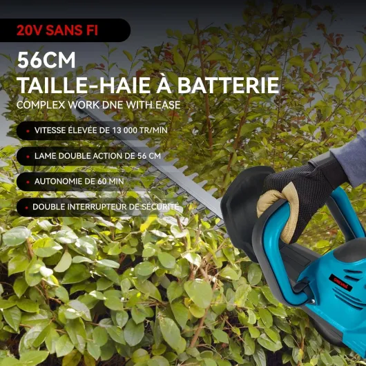 ONEVAN Taille haie Batterie, 55 cm cisaille a Gazon sans Fil avec Batterie 2X 3000mAh, Longueur de Coupe de 56 cm, espacement des Dents de 15 mm, Taille-Haies électriques pour Jardin et pelouse