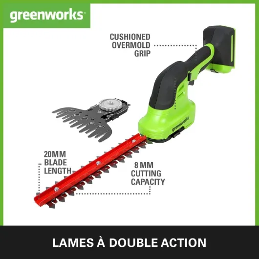 Cisaille sculpte-haies & taille-herbe de 120mm à batterie 2Ah 2en1 Greenworks G24SHTK2 (Li-Ion 24V 2400 coups/min épaisseur 8mm taille-haie de 20cm avec chargeur Avec Batterie 2ah