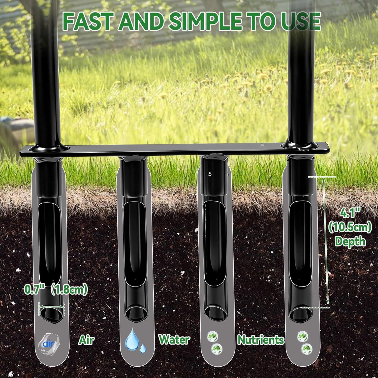 CDIYTOOL Aérateur de pelouse pour l'entretien de la pelouse et les sols compacts, 4 broches très résistant à long manche manuel avec outil de nettoyage