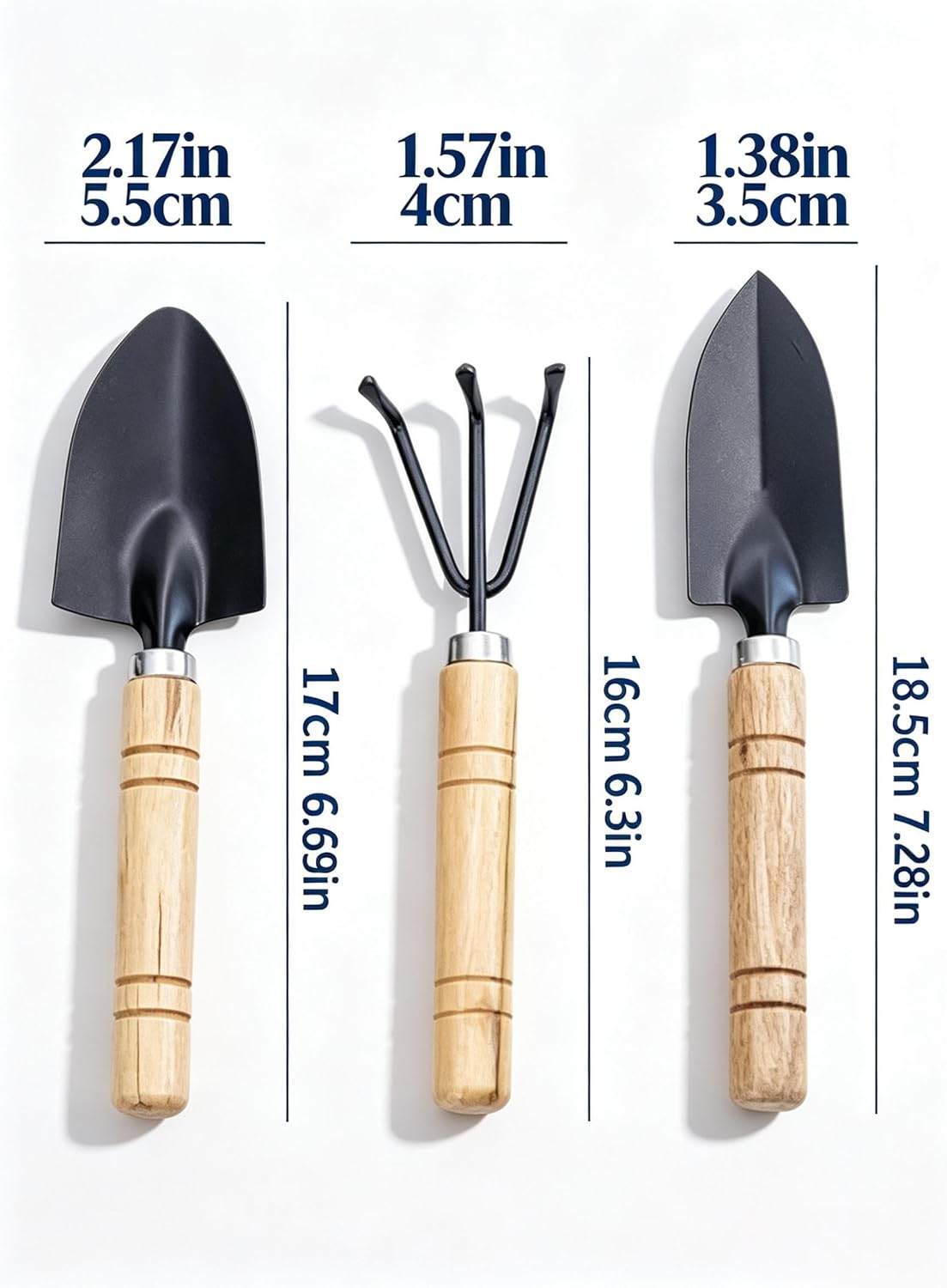 Lot de 3 petits outils de jardin, pelle et râteau ergonomiques pour l'entretien des plantes d'intérieur, manche en bois massif résistant à la rouille, idéal pour creuser et mettre en pot des plantes