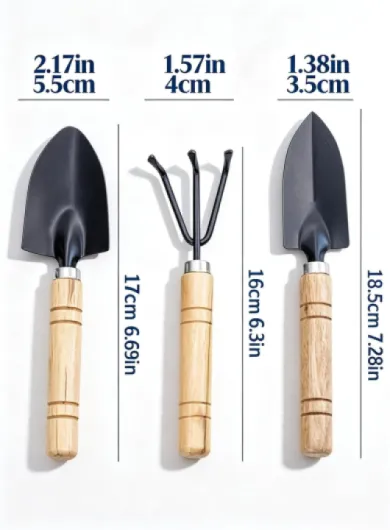 Lot de 3 petits outils de jardin, pelle et râteau ergonomiques pour l'entretien des plantes d'intérieur, manche en bois massif résistant à la rouille, idéal pour creuser et mettre en pot des plantes