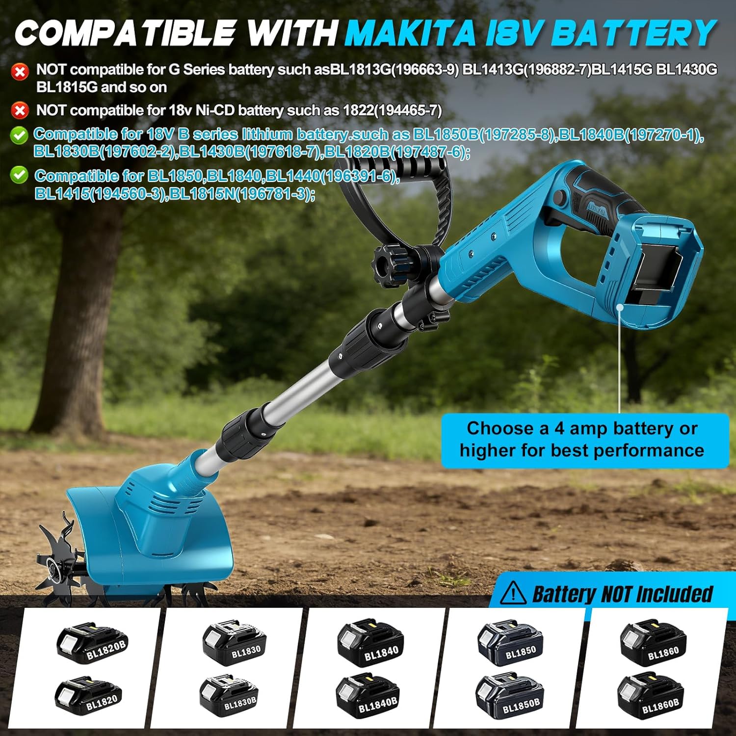 Cultivateur de jardin sans fil compatible avec batterie Makita 18 V (sans batterie), rotavateur de jardin sans balais de 500 W avec profondeur de labour de 16 cm et largeur de labour de 20 cm