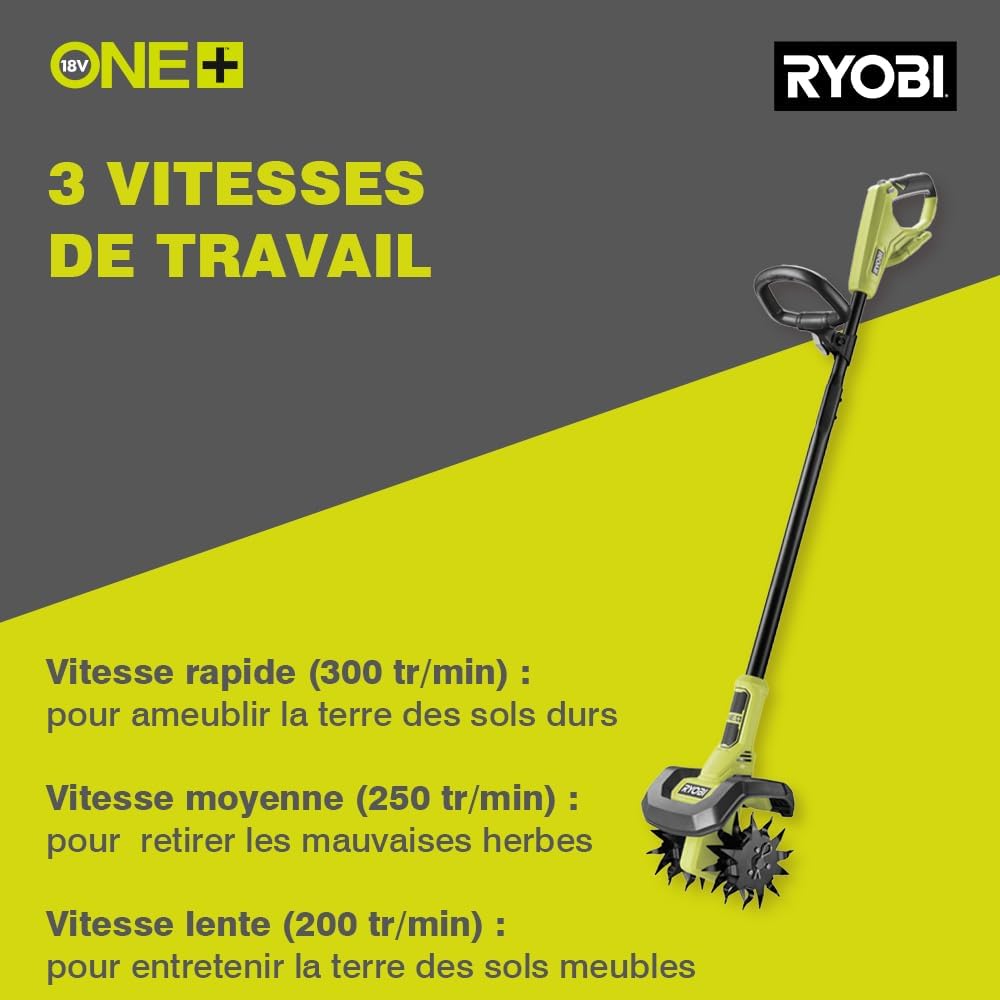 Bineuse sans Fil 18V One+ RY18CVA-0 – 4 Lames Acier, Largeur Ø20cm, Hauteur Adaptable, Idéale pour Petits Massifs et Potagers – Batterie Non Incluse ONE+ 18V - 20 cm