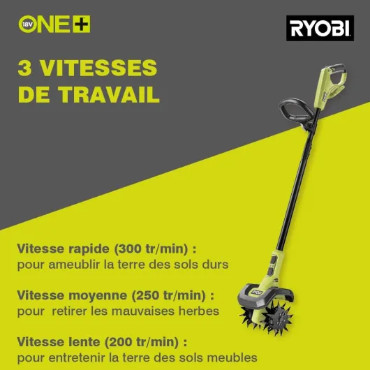 Bineuse sans Fil 18V One+ RY18CVA-0 – 4 Lames Acier, Largeur Ø20cm, Hauteur Adaptable, Idéale pour Petits Massifs et Potagers – Batterie Non Incluse ONE+ 18V - 20 cm
