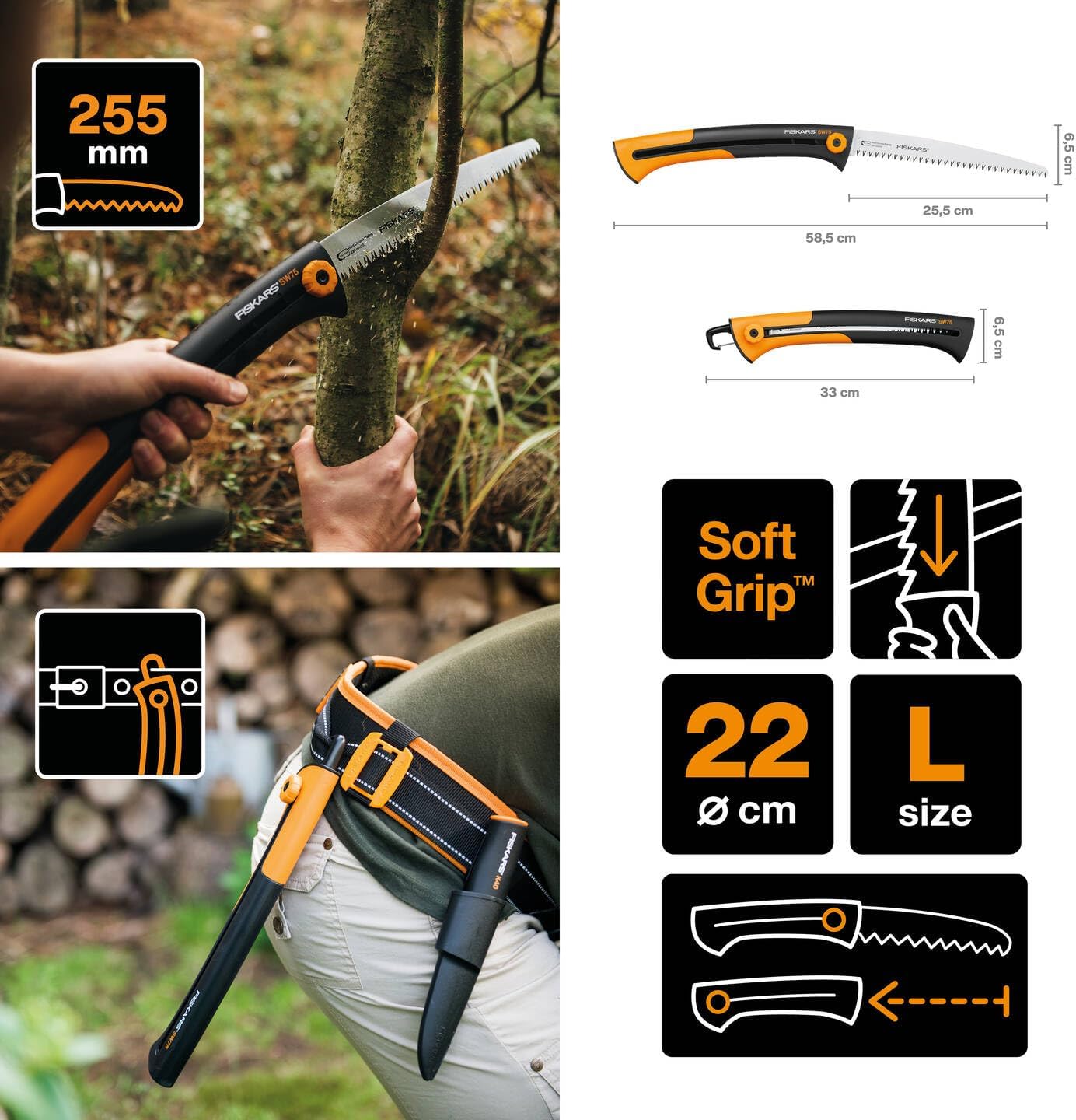 Grande scie à élaguer rétractable, pour bois vert, Lame rétractable, Grandes dents, Coupe tirante, Longueur de lame: 25,5 cm, Acier inoxydable, Noir/Orange, Xtract, SW75, 1000614 SW 75 - Grandes dents (56 cm)