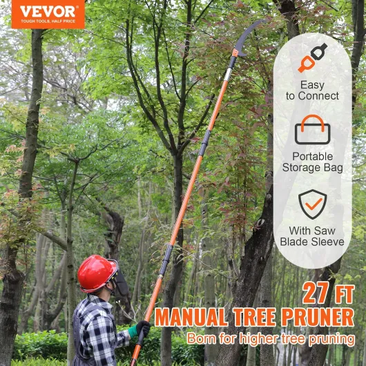 Scie à Élaguer Télescopique 2,24-8,24 m Scie à Perche Extensible avec Lame en Acier Tranchant Scie d'Élagage avec 8 Poteaux en Fibre de Verre Coupe Branches Hautes pour Élagage Palmiers Arbustes sans ciseaux 8m