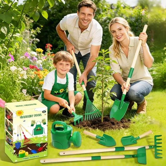 Outils Jardinage Enfant, 10 Kit Jardin Métal avec Pelle, Râteau, Fourche, Gants de Travail, Tablier, Arrosoir, Ensemble Complet de Jardinage pour Enfants, Jardin Extérieur, Cour, Pelouse (A)