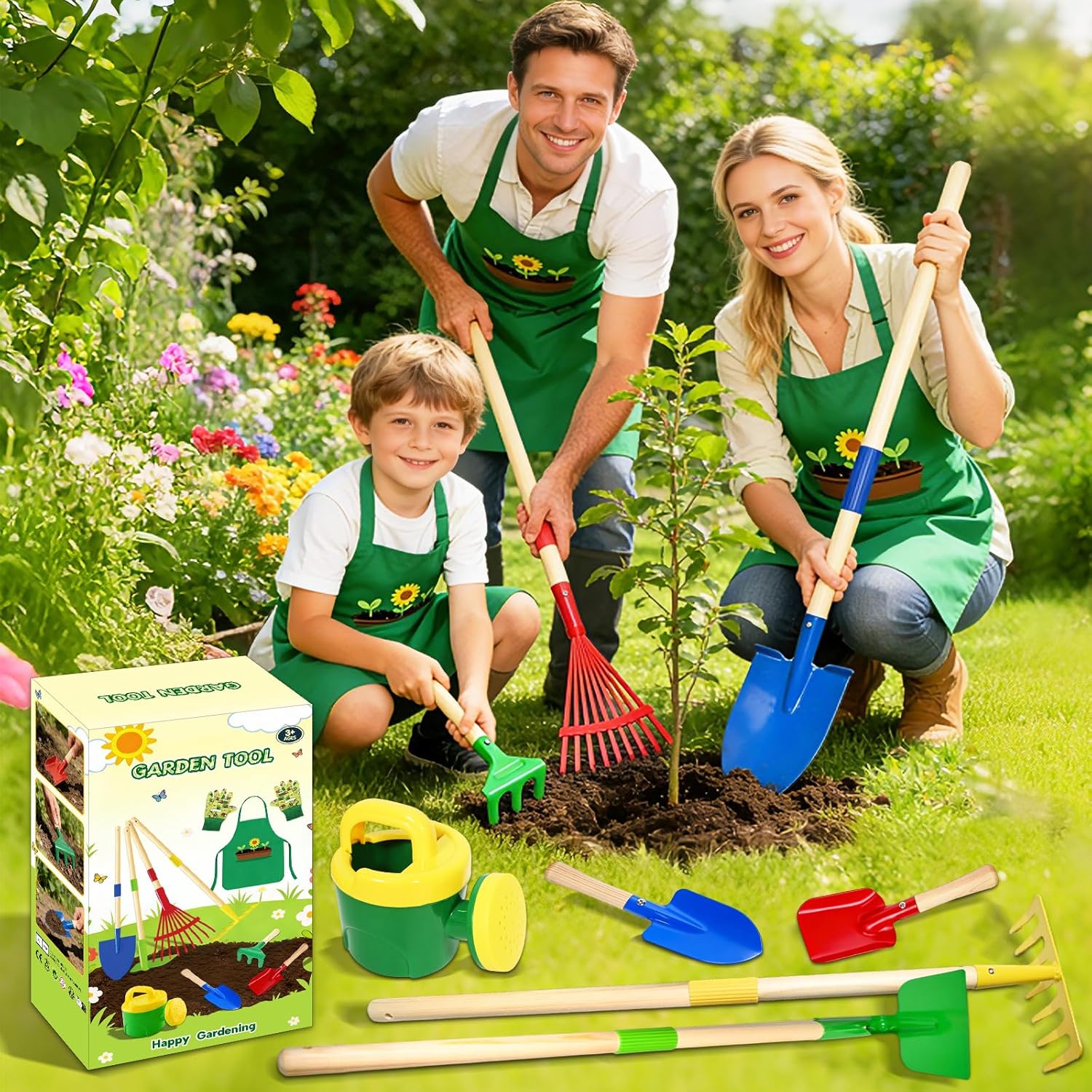 Outils Jardinage Enfant, 10 Kit Jardin Métal avec Pelle, Râteau, Fourche, Gants de Travail, Tablier, Arrosoir, Ensemble Complet de Jardinage pour Enfants, Jardin Extérieur, Cour, Pelouse (B)