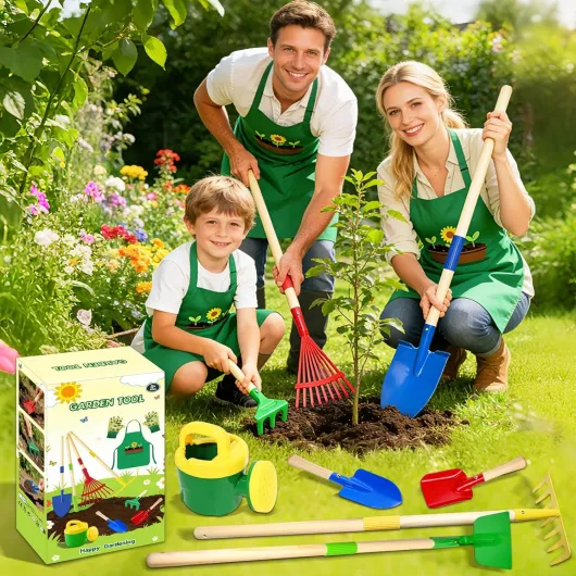 Outils Jardinage Enfant, 10 Kit Jardin Métal avec Pelle, Râteau, Fourche, Gants de Travail, Tablier, Arrosoir, Ensemble Complet de Jardinage pour Enfants, Jardin Extérieur, Cour, Pelouse (B)