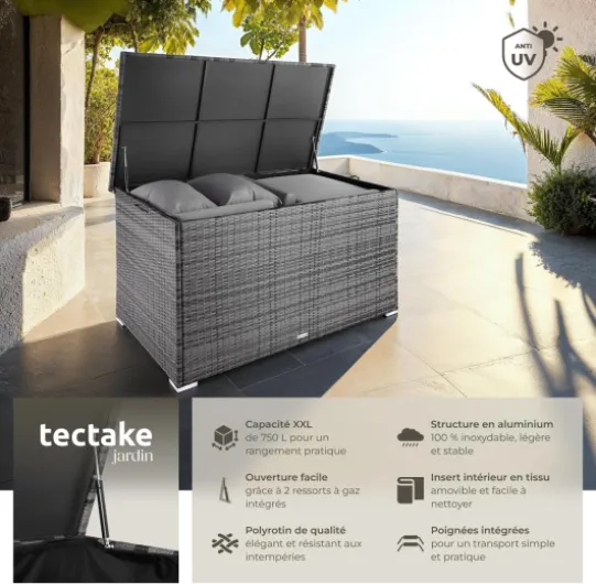® Coffre de jardin Exterieur, Coffre à Coussins 750 L en Aluminium Polyrotin 145 x 82,5 x 79,5 cm, Couvercle Rabattable, Poignées pour Rangement des Outils de Jardin, Jouets Gris