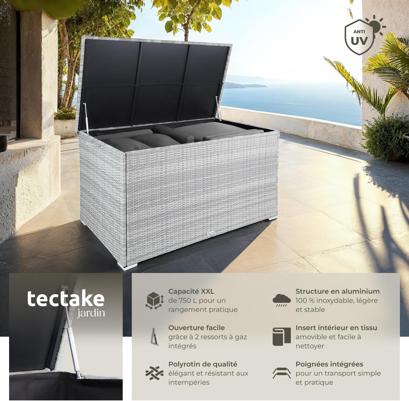 ® Coffre de jardin Exterieur, Coffre à Coussins 750 L en Aluminium Polyrotin 145 x 82,5 x 79,5 cm, Couvercle Rabattable, Poignées pour Rangement des Outils de Jardin, Jouets Gris Clair