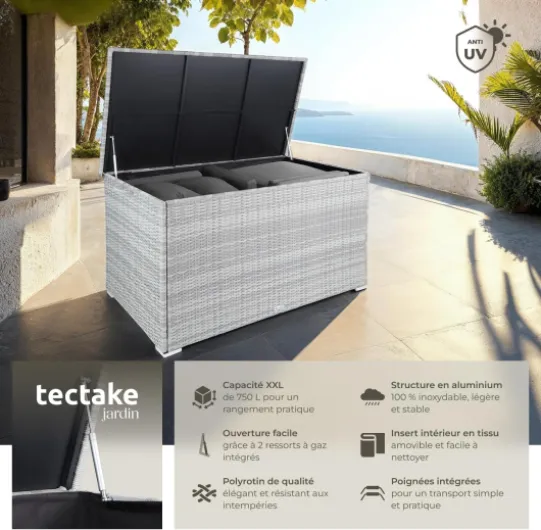® Coffre de jardin Exterieur, Coffre à Coussins 750 L en Aluminium Polyrotin 145 x 82,5 x 79,5 cm, Couvercle Rabattable, Poignées pour Rangement des Outils de Jardin, Jouets Gris Clair