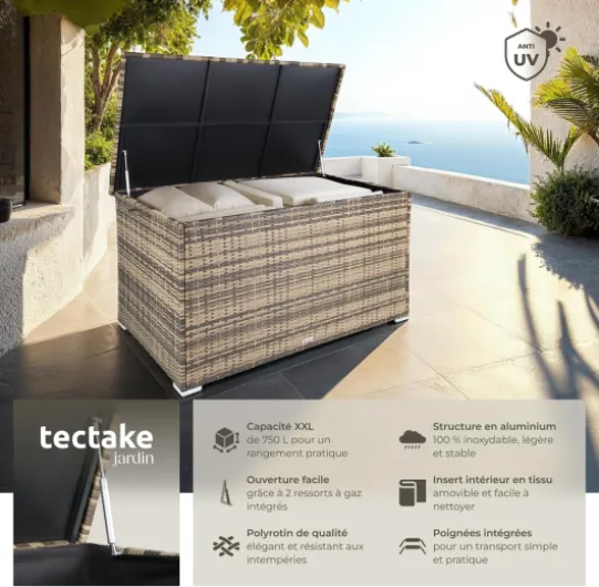 ® Coffre de jardin Exterieur, Coffre à Coussins 750 L en Aluminium Polyrotin 145 x 82,5 x 79,5 cm, Couvercle Rabattable, Poignées pour Rangement des Outils de Jardin, Jouets Marron Naturel