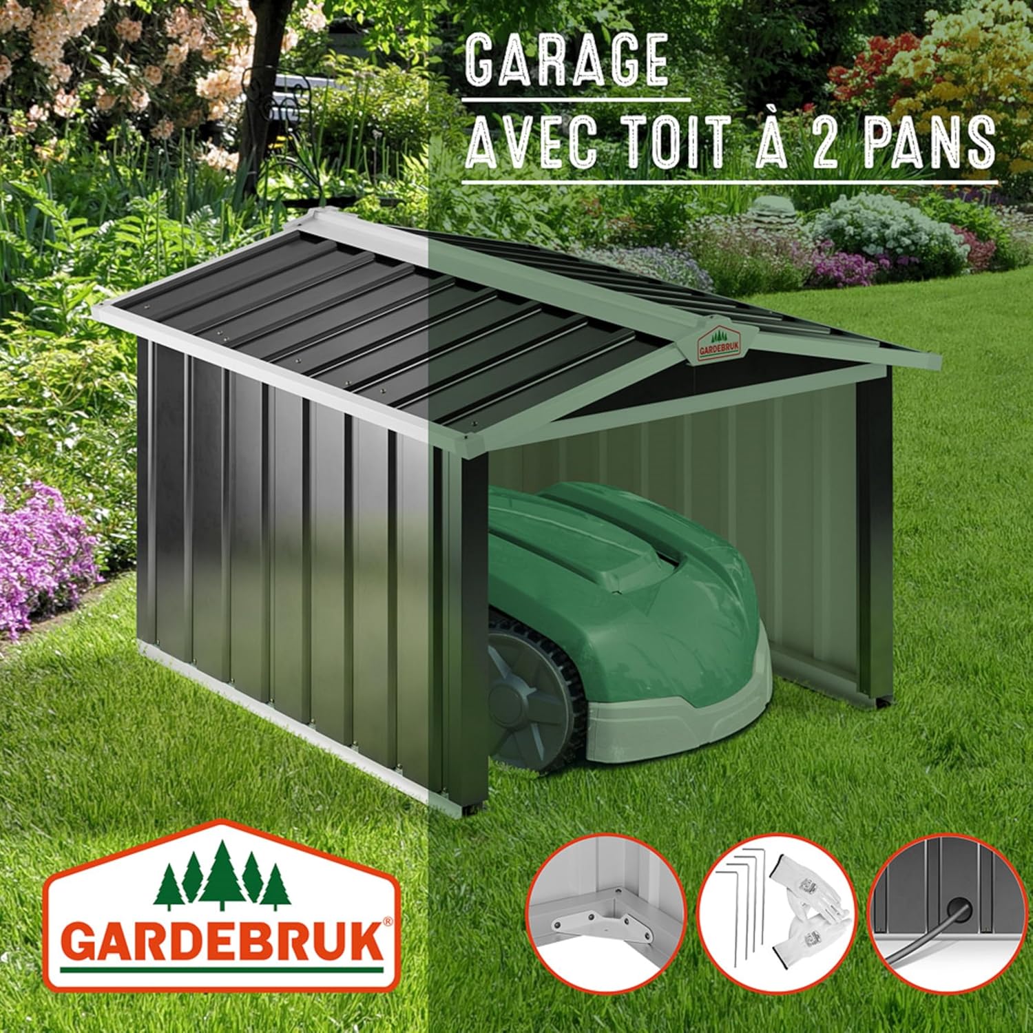 ® Abri Robot Tondeuse 86x100x63cm Toit à 2 pans métal résistant intempéries 4X piquets Terre Garage Outillage carport Jardin Herbe Anthracite 86x100x63cm Anthracite
