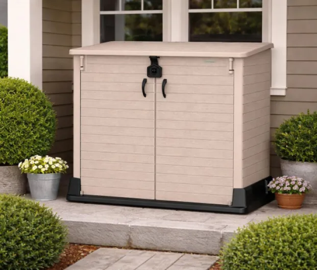 StoreAway 850L Abri de Jardin Extérieur en Plastique, Coffre de Rangement pour Outils et Barbecues, Cache-Poubelles pour 2 Bacs Roulants, Résistant aux Intempéries, 130x74x110 cm, Taupe Chaud Flat Lid Warm Taupe 850L