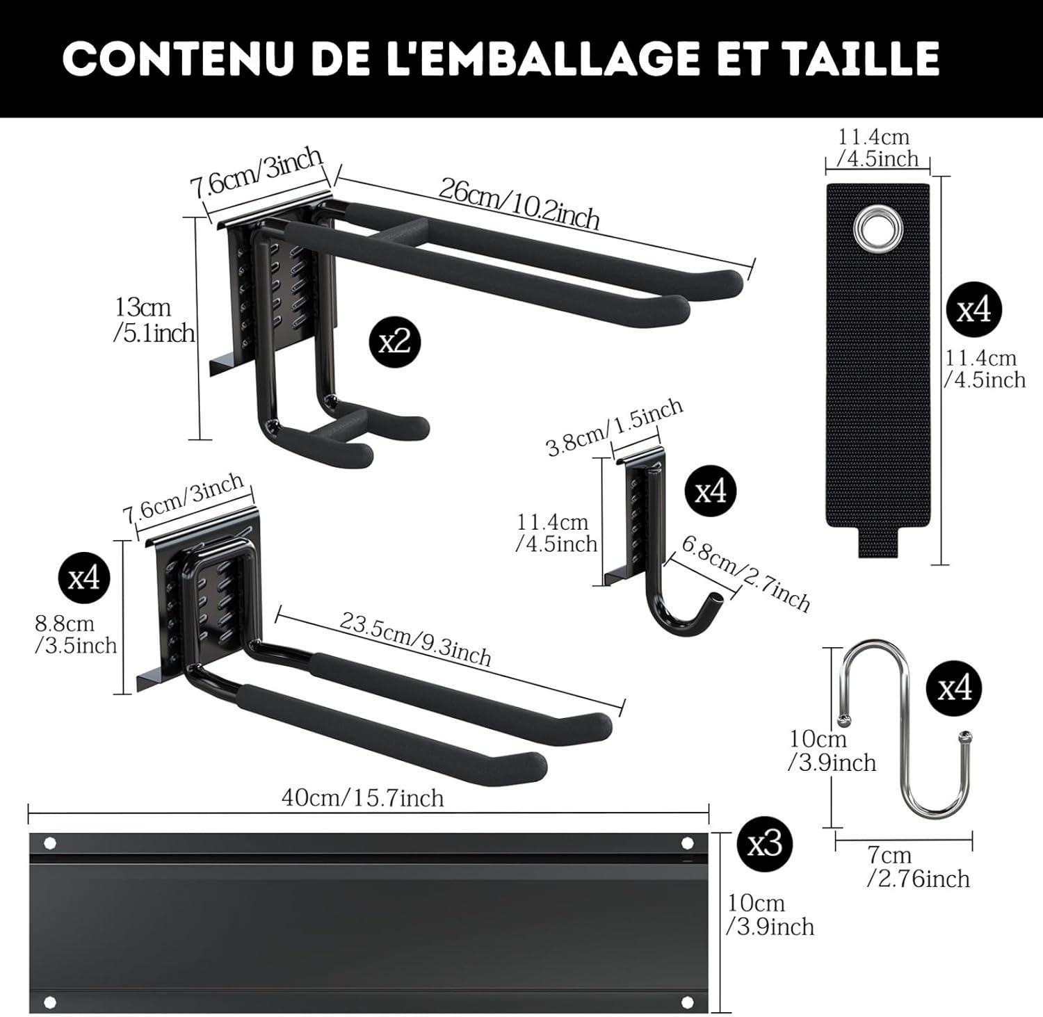 3-H Porte Outils Mural Jardin 120cm, Range Outils de Jardin en Acier Carbone avec 3 Rails & 10 Crochets de Garage Réglables & 4 Crochets S & 4 Sangles - Support Mural Modulable pour Ski Balai Râteau 120cm Noir
