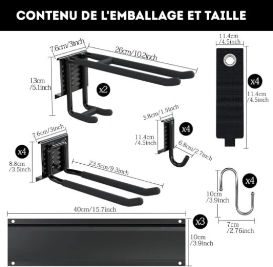 3-H Porte Outils Mural Jardin 120cm, Range Outils de Jardin en Acier Carbone avec 3 Rails & 10 Crochets de Garage Réglables & 4 Crochets S & 4 Sangles - Support Mural Modulable pour Ski Balai Râteau 120cm Noir