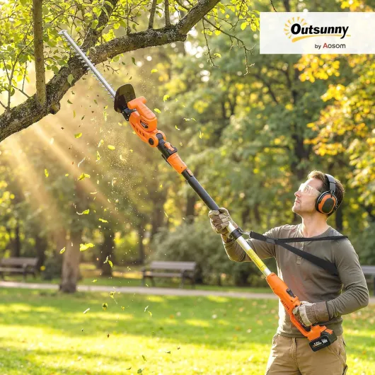Taille-Haies Électrique Lame 51 cm 2 Batteries 4,0 Ah Manche Télescopique en Aluminium, Taille-Haie sans Fil avec Tête Orientable Multi-Angle, pour Branches Arbustes Brindille, Orange