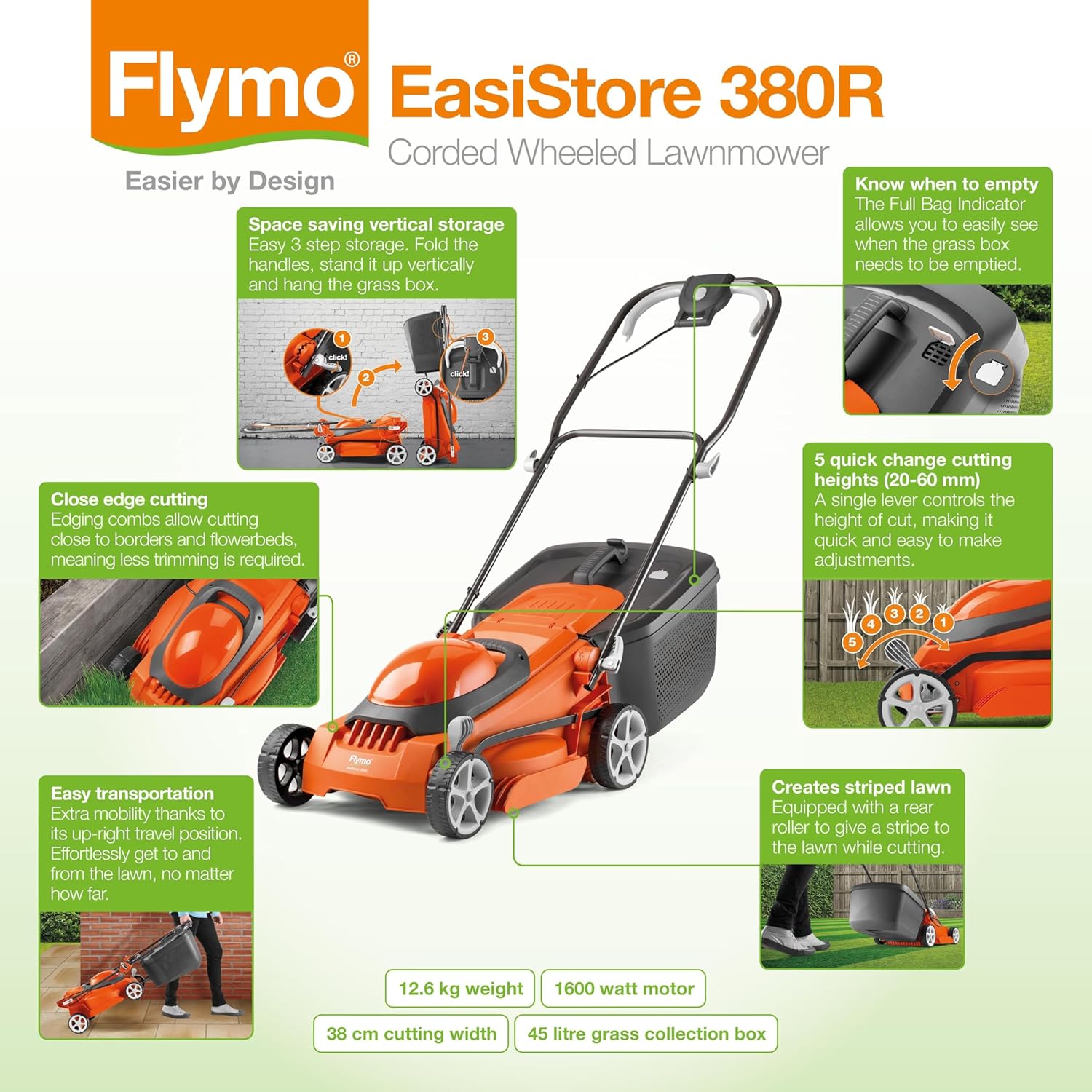 Flymo EasiStore 380R Tondeuse à Gazon électrique rotative – Largeur de Coupe 38 cm, bac à Gazon de 45 litres, Coupe à Bord fermé, Rouleau arrière, Hauteur Centrale, Rangement Peu encombrant 38cm Cutting Width Avec fil
