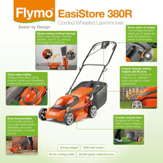 Flymo EasiStore 380R Tondeuse à Gazon électrique rotative – Largeur de Coupe 38 cm, bac à Gazon de 45 litres, Coupe à Bord fermé, Rouleau arrière, Hauteur Centrale, Rangement Peu encombrant 38cm Cutting Width Avec fil