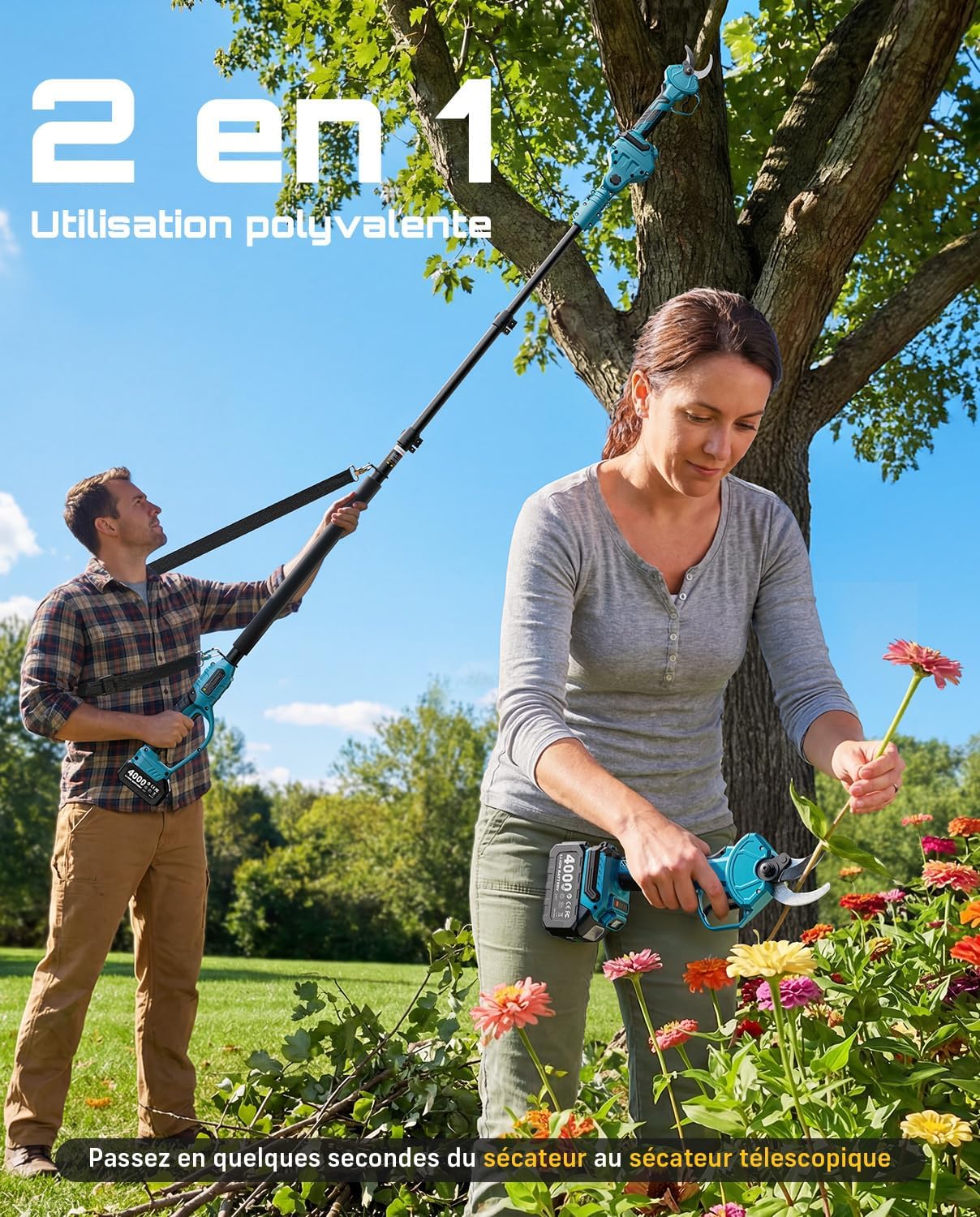 Sécateur Électrique Avec Perche, 2-en-1 Secateur Electrique Sans Fil Télescopique, Portée Totale 4,5 m, Coupe 40mm, 2 * 4,0Ah Batteries, Lame SK5, Jardin/Arbres/Fleurs PS040Pro Bleu 2in1 /40 mm