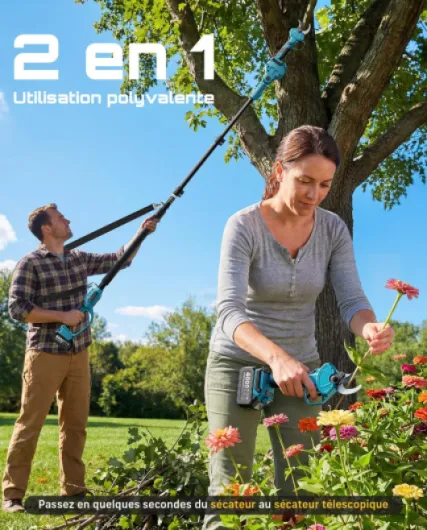 Sécateur Électrique Avec Perche, 2-en-1 Secateur Electrique Sans Fil Télescopique, Portée Totale 4,5 m, Coupe 40mm, 2 * 4,0Ah Batteries, Lame SK5, Jardin/Arbres/Fleurs PS040Pro Bleu 2in1 /40 mm