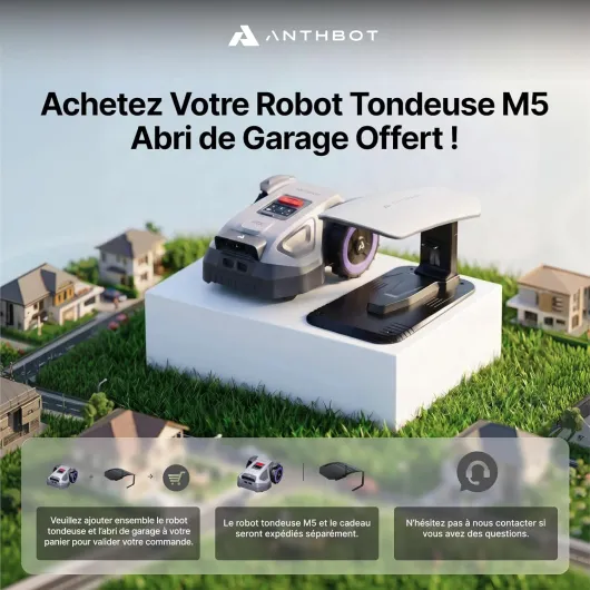ANTHBOT Robot Tondeuse M5, 500-700㎡，150㎡/h, NetRTK + 4G, Cartographie Automatique, Double Vision IA, Gestion Multi-Zones, APP Control, 3-7CM Réglage de la Hauteur de Coupe M5(Prime)