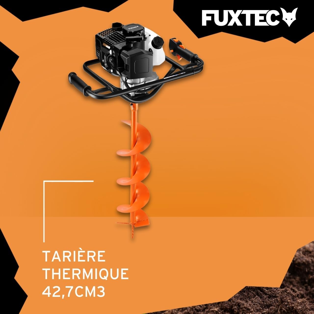 Tarière Thermique FX-EB143ECO - Moteur 2 Temps 42,7cm³ 1,25kW - Idéale pour la Plantation et Clôtures - Réducteur Intégré - Ergonomique & Compact - Forets Ø100/150mm Inclus – Réservoir 1L 42,7cm3 - 1,7cv - 1,25kW
