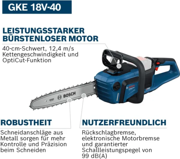 18V System tronçonneuse à chaîne GKE 18V-40 (guide-chaîne de 40 cm, moteur sans charbons à technologie BITURBO, avec clé intégrée en T, couvre-chaîne, sans batterie)