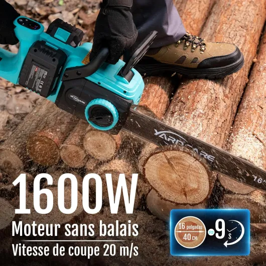Tronçonneuse sans fil 16 pouces, moteur brushless 1600 W, vitesse de chaîne 21 m/s, avec écran LED et 2 batteries de 4 Ah, tension de chaîne sans outil et lubrification automatique Vert Émeraude