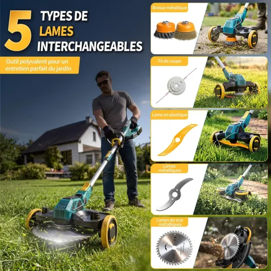 Coupe-Herbe sans Fil 21V, Compatible avec Batteries Makita, Débroussailleuse avec Brosse de désherbage, 2 Batteries 4.0Ah incluses, Moteur sans balais 900W pour pelouse, Jardin, Cour (Bleu)