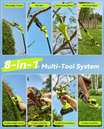 Taille-haies sur perche, sécateur et coupe-branches 8 en 1, mini tronçonneuse, ciseaux de jardin électriques et taille-haies avec batterie 4000 mAh, portée jusqu’à 4,6 m, pour l’entretien du jardin Vert Sapin