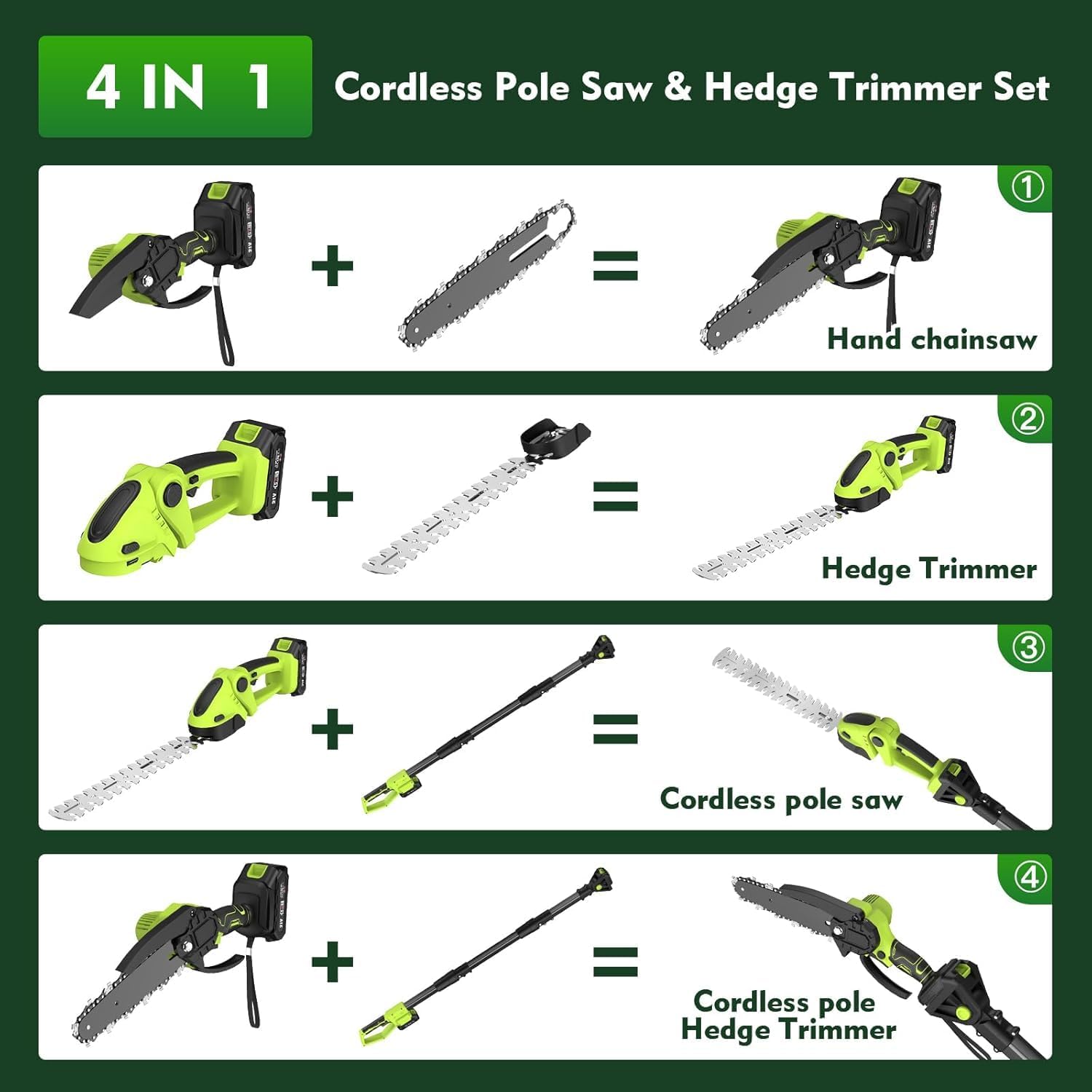 Tronçonneuse Électrique et Taille Haie sans Fil avec Perche 4 en 1, Élagueuse sur Perche avec 4 Chaînes 2 Batteries Taille Haies Telescopique, Angle Réglable, Idéal Jardin Verger Élagage/Taille Haie