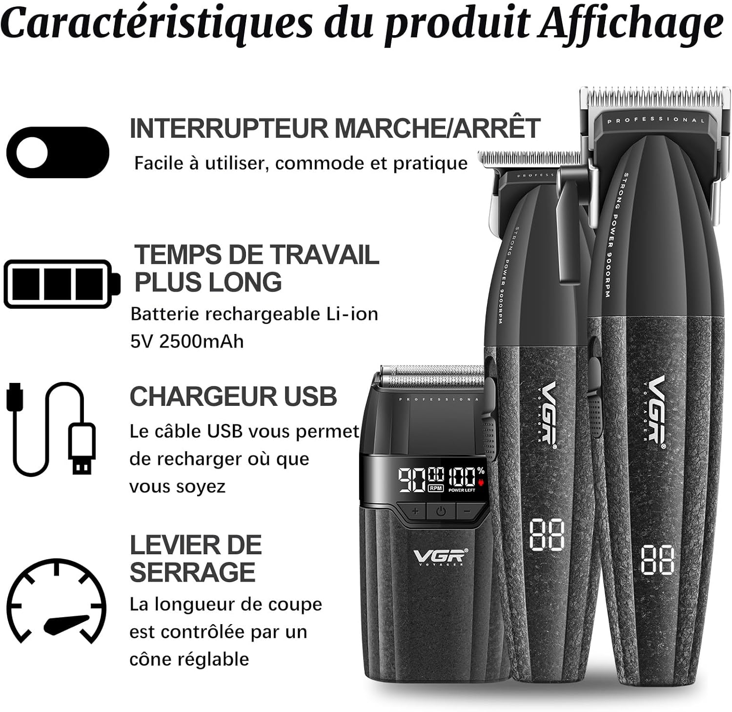 640 S3 Tondeuse Cheveux Pour Hommes Professionnel, Sans Fil Tondeuse Finition et Rasoir À Grille Kit de Coupe de Cheveux, Set de Barbier Rechargeable avec Écran LED, MAX 9000 RPM, Noir