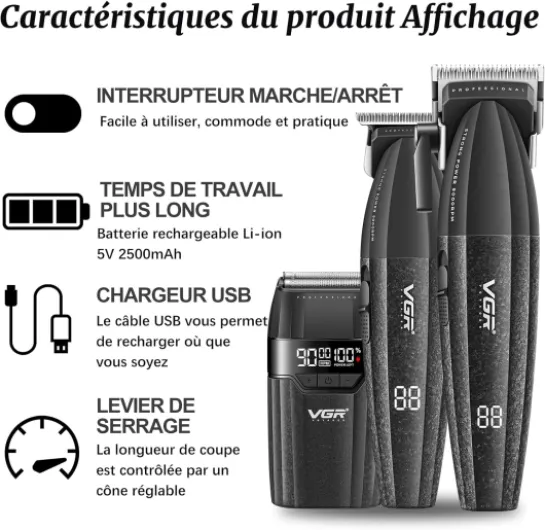 640 S3 Tondeuse Cheveux Pour Hommes Professionnel, Sans Fil Tondeuse Finition et Rasoir À Grille Kit de Coupe de Cheveux, Set de Barbier Rechargeable avec Écran LED, MAX 9000 RPM, Noir