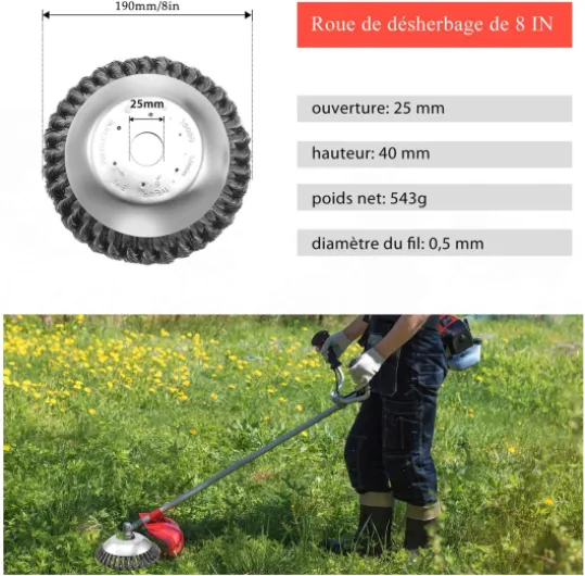 Tête Brosse Désherbage pour Débroussailleuse, avec Contre-écrou plateau désherbage en fil d'acier 8 pouce