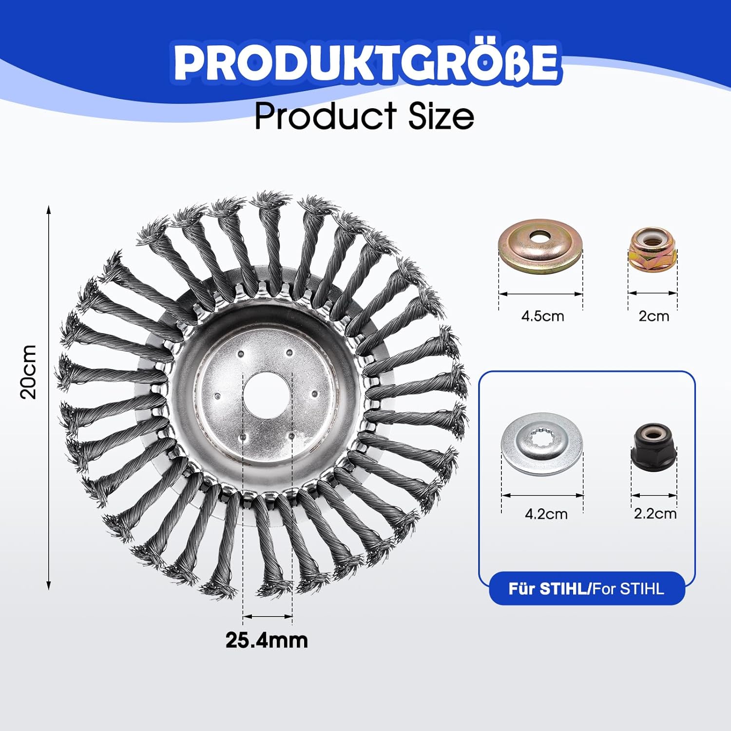 Tete Brosse Debroussailleuse, Remplacement Tête Débroussailleuse Universelle, Brosse Metallique Debroussailleuse avec Alésage de 25.4mm, Brosse de Desherbage Coupe-Bordure, 8 Pouces, 200 mm