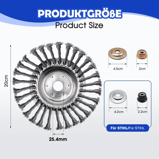 Tete Brosse Debroussailleuse, Remplacement Tête Débroussailleuse Universelle, Brosse Metallique Debroussailleuse avec Alésage de 25.4mm, Brosse de Desherbage Coupe-Bordure, 8 Pouces, 200 mm