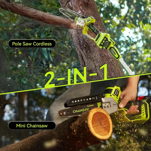 2-en-1 Mini Tronconneuse Télescopique & Elagueuse sur Perche 8 Pouces, Extension jusqu'à 4,8 m, Tronconneuse a Batterie 8000 mAh, Système D'huile Automatique, pour Branches et Jardin Vert Menthe