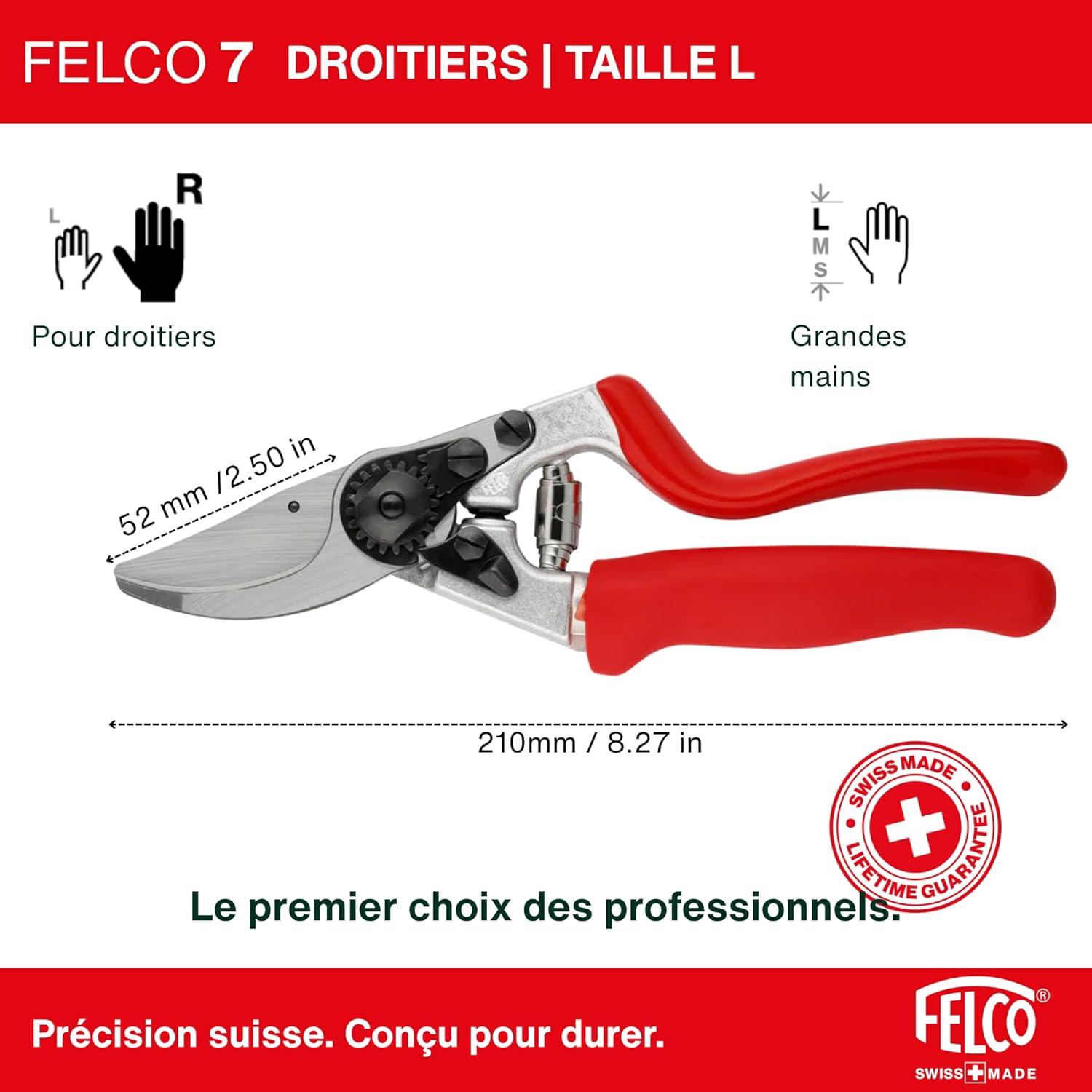 7 sécateur bypass droitier avec poignée tournante, lame acier trempé 45 mm, poignées aluminium forgé, ergonomie pour grande main, coupe puissante 25 mm, outil professionnel suisse FELCO 7 - Droitier Grande Main (L)
