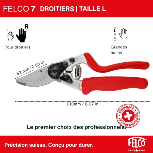 7 sécateur bypass droitier avec poignée tournante, lame acier trempé 45 mm, poignées aluminium forgé, ergonomie pour grande main, coupe puissante 25 mm, outil professionnel suisse FELCO 7 - Droitier Grande Main (L)