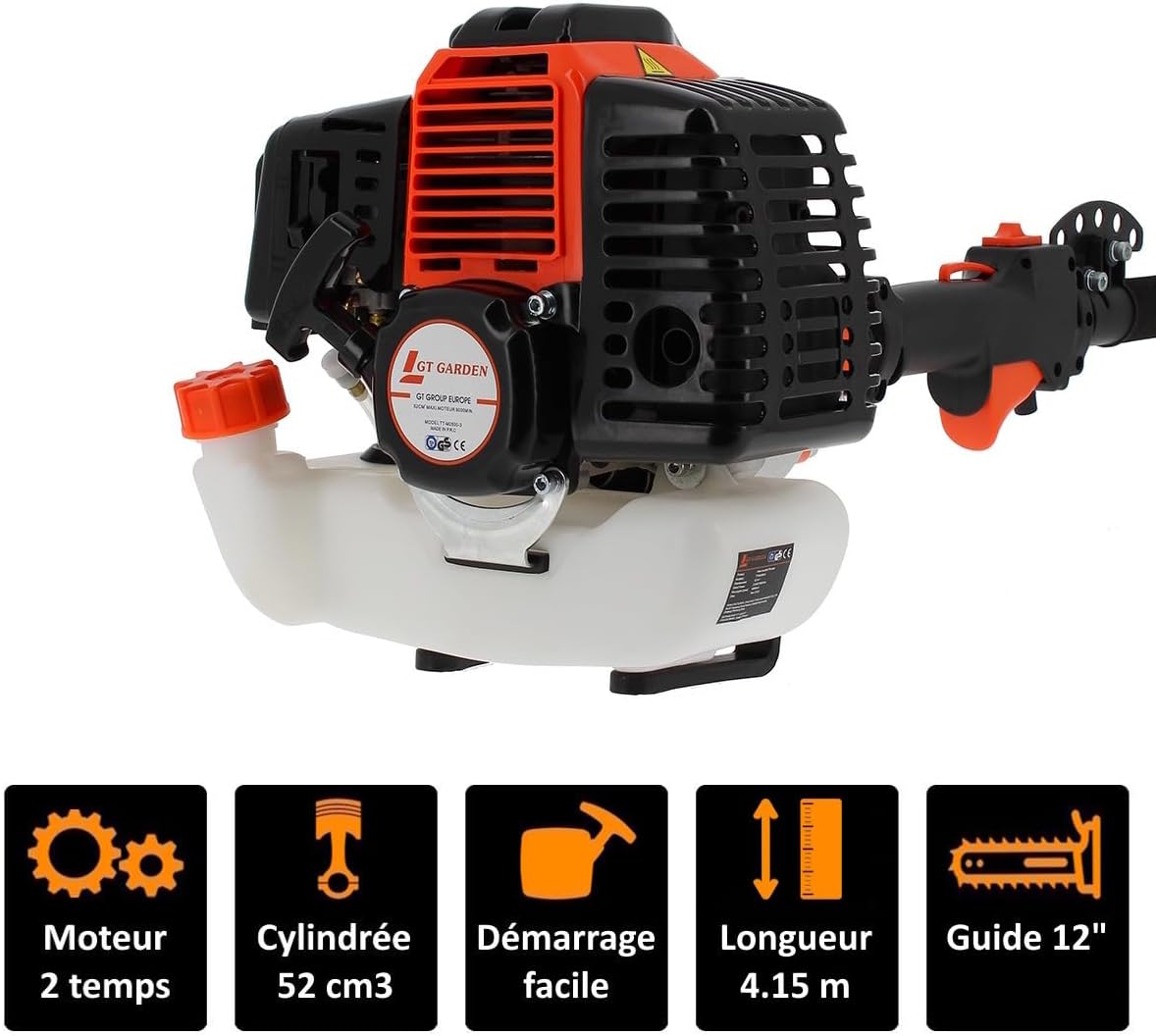 Élagueuse thermique sur perche, 52 cm3, 3 CV, longueur 4.15 mètres