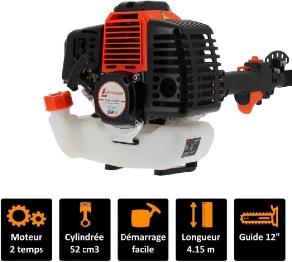 Élagueuse thermique sur perche, 52 cm3, 3 CV, longueur 4.15 mètres