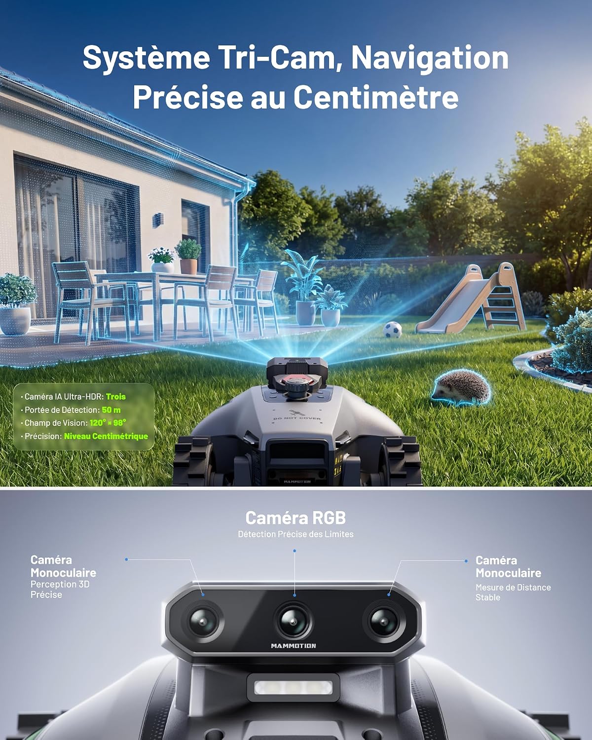 MAMMOTION YUKA Mini 2 500 Robot Tondeuse, jusqu'à 500m², Zéro Perte de Signal, sans RTK, AI Traitement d’Image à Trois Caméras, Auto Cartographie Multi-Zones, DropMow